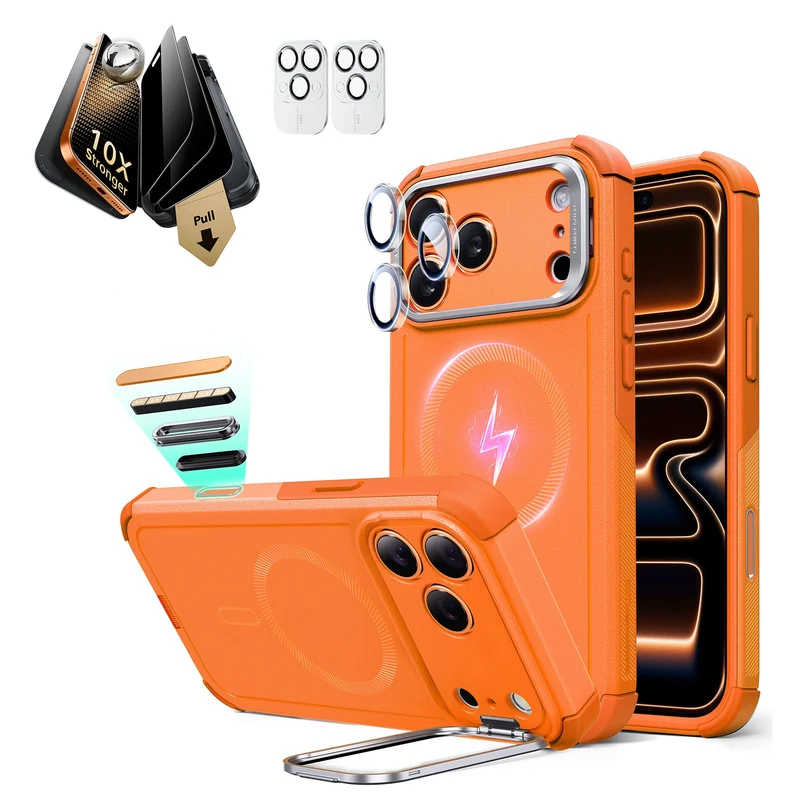 iPhone 17 Pro Bundle Cyber Tough Magnetic Case (Stash Stand) and Armorite Pro Privacy Screen Protector - Orange