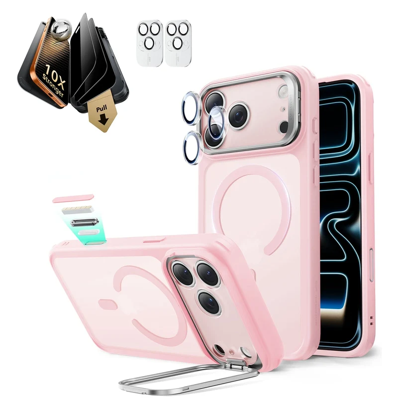 iPhone 17 Pro Max Bundle Classic Hybrid Magnetic Case (Stash Stand) and Armorite Pro Privacy Screen Protector - Frosted Bubblegum Pink