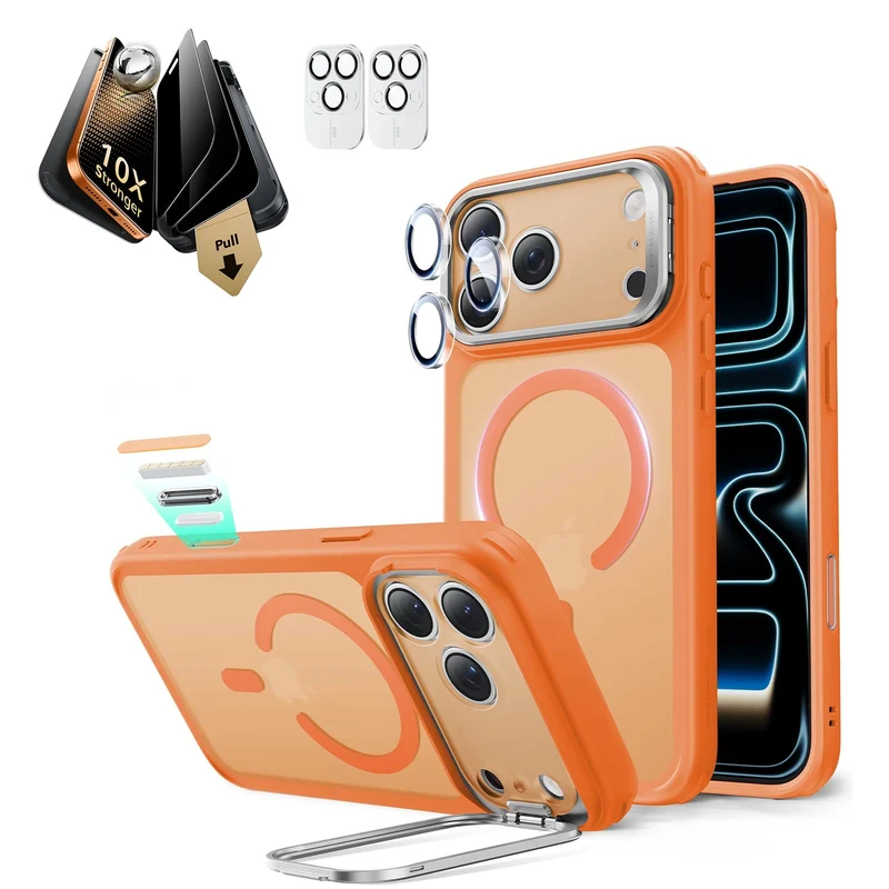 iPhone 17 Pro Bundle Classic Hybrid Magnetic Case (Stash Stand) and Armorite Pro Privacy Screen Protector - Frosted Orange