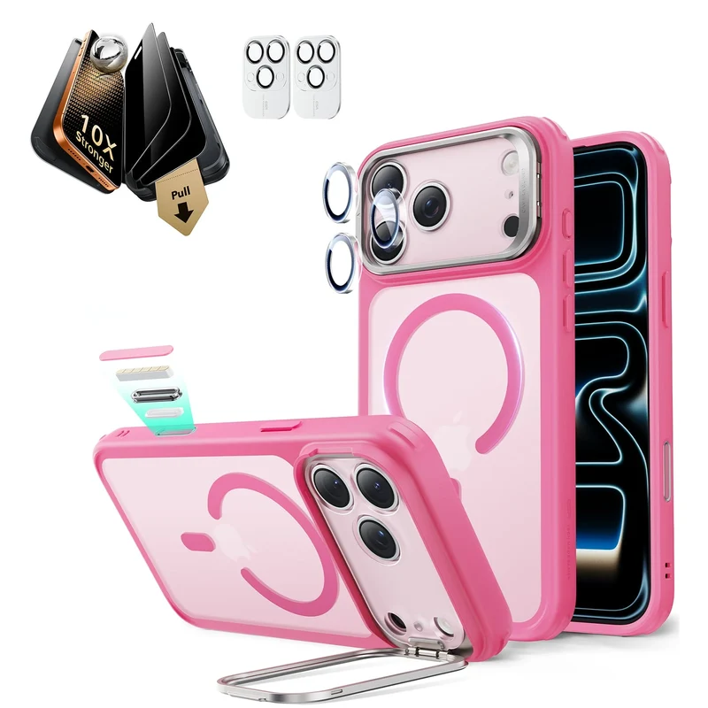 iPhone 17 Pro Bundle Classic Hybrid Magnetic Case (Stash Stand) and Armorite Pro Privacy Screen Protector - Frosted Pink