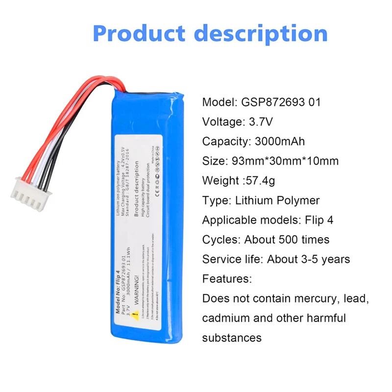 2 pieces 3.7 V 3000mAh battery GSP872693 01 for speakers Flip 4, flip 4 Special Edition