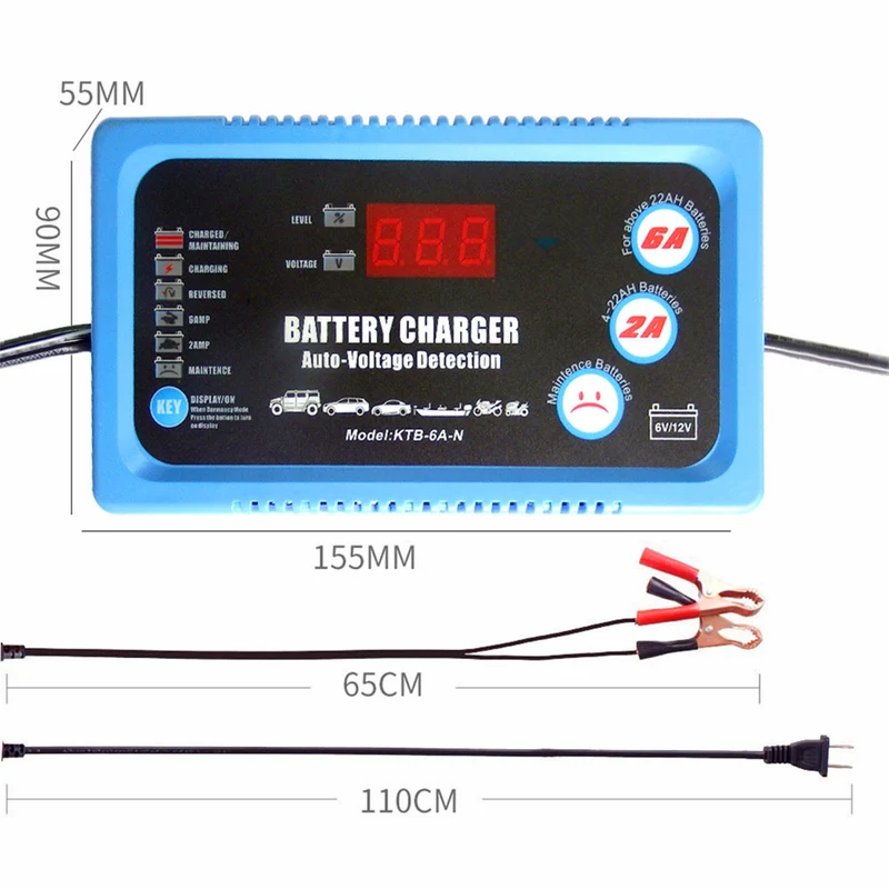 6V 12V Car Battery Charger Rechargeable Lead-Acid Smart Automatic 2A 6A With EU US Plug