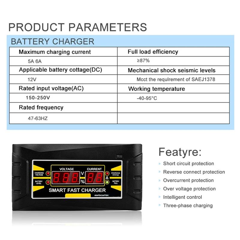12V 6A Car Battery Charger Intelligent AGM GEL Lead-Acid Automatic For 75AH 100AH