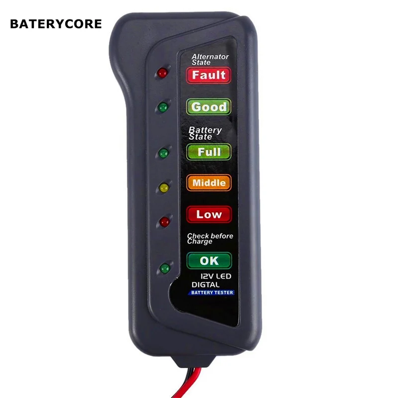 BATERYCORE Battery Tester Digital Alternator Tester For 12V Car Truck 6 LED Lights Display Diagnostic Tool