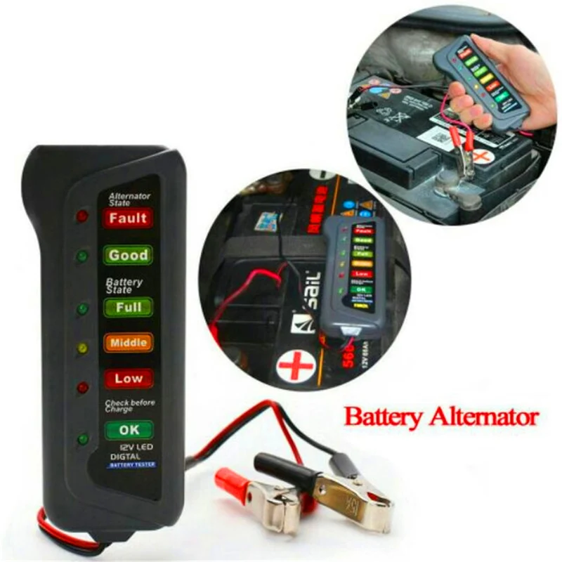 BATERYCORE Battery Tester Digital Alternator Tester For 12V Car Truck 6 LED Lights Display Diagnostic Tool