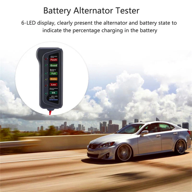 BATERYCORE Battery Tester Digital Alternator Tester For 12V Car Truck 6 LED Lights Display Diagnostic Tool
