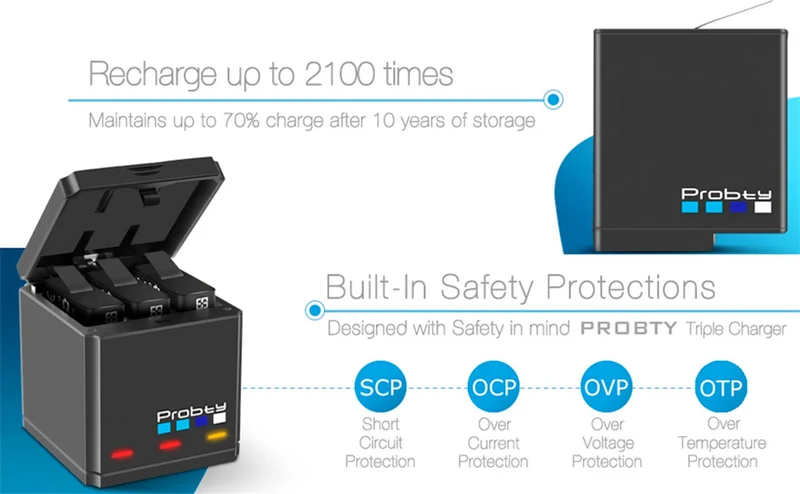 Black camera battery Original-Probty for GoPro Hero 7 Hero 6 Hero 5 Black Battery or Triple Charger