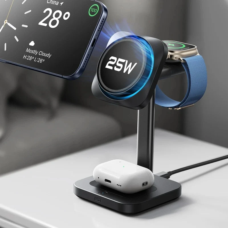 CryoBoost 3-in-1 Magnetic Charging Station (25W, Qi2.2) - US Plug–Black