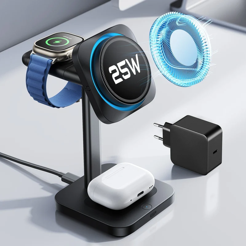 CryoBoost 3-in-1 Magnetic Charging Station (25W, Qi2.2) - EU Plug–Black
