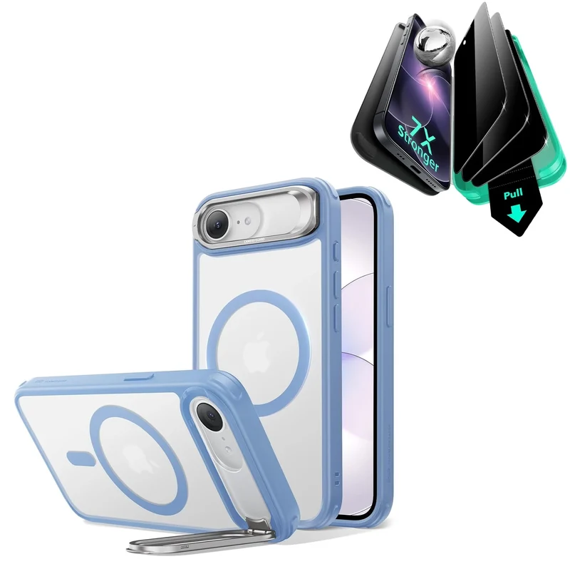 iPhone 17e Bundle Classic Hybrid Magnetic Case (Stash Stand) & Armorite® Privacy Screen Protector - Frosted Light Blue