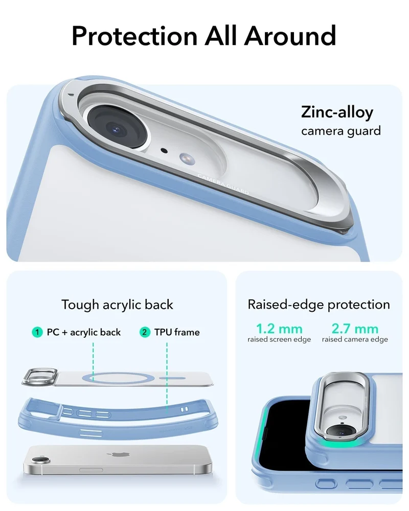 iPhone 17e Bundle Classic Hybrid Magnetic Case (Stash Stand) and Armorite® Screen Protector - Frosted Light Blue