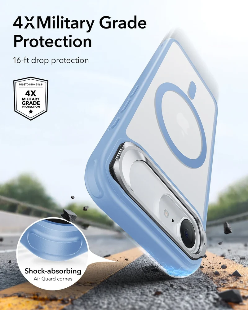 iPhone 17e Bundle Classic Hybrid Magnetic Case (Stash Stand) and Armorite® Screen Protector - Frosted Light Blue