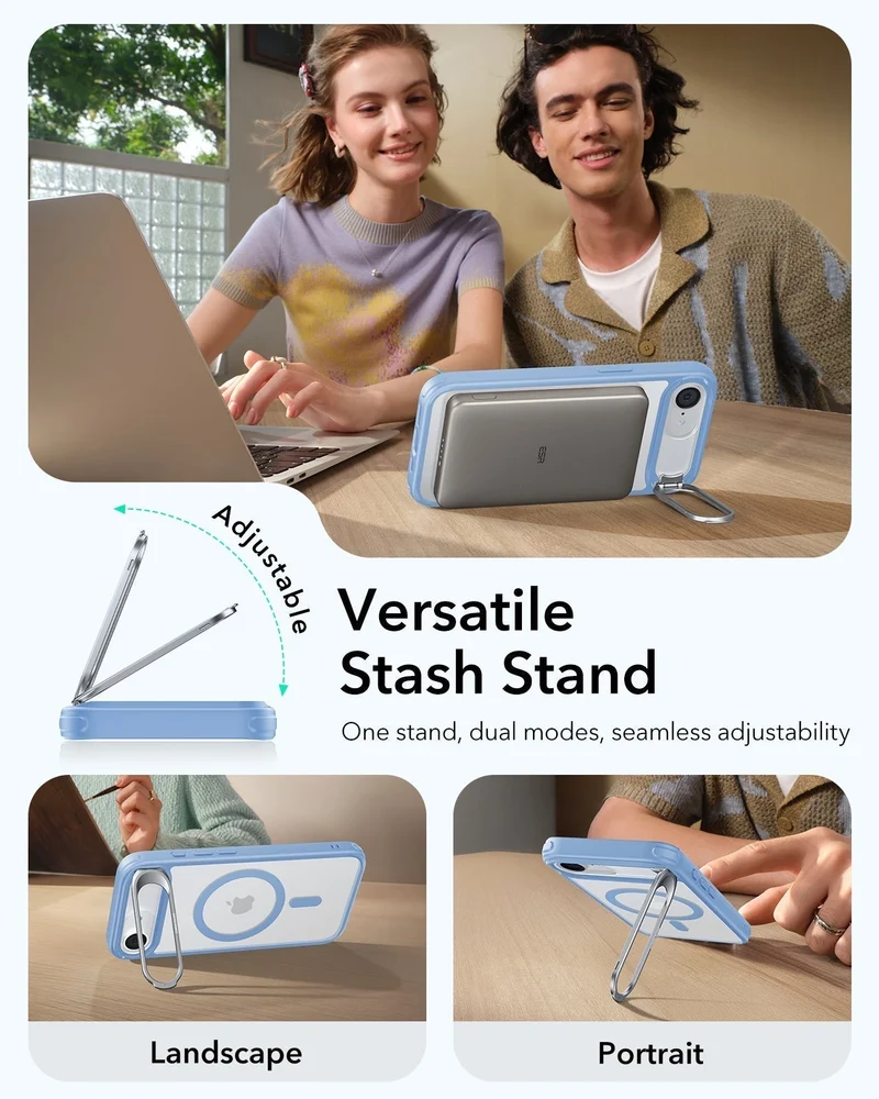 iPhone 17e Bundle Classic Hybrid Magnetic Case (Stash Stand) and Armorite® Screen Protector - Frosted Light Blue