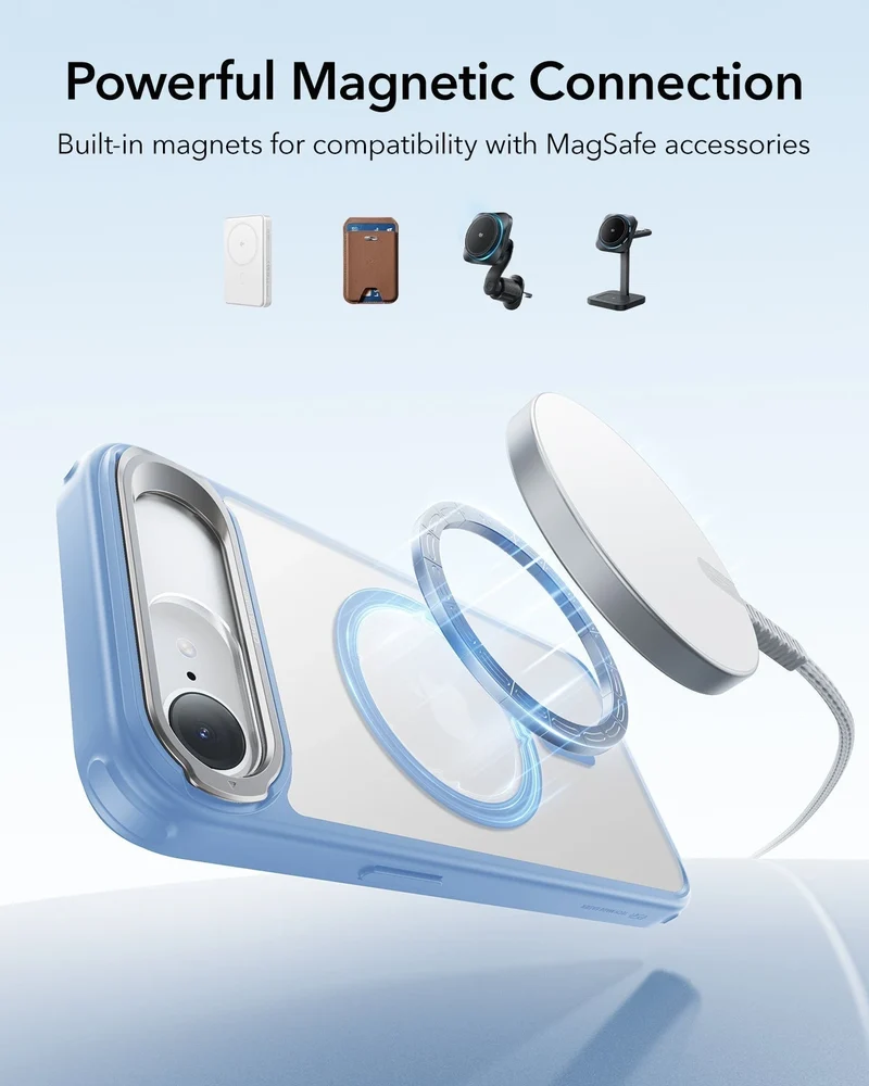 iPhone 17e Bundle Classic Hybrid Magnetic Case (Stash Stand) and Armorite® Screen Protector - Frosted Light Blue