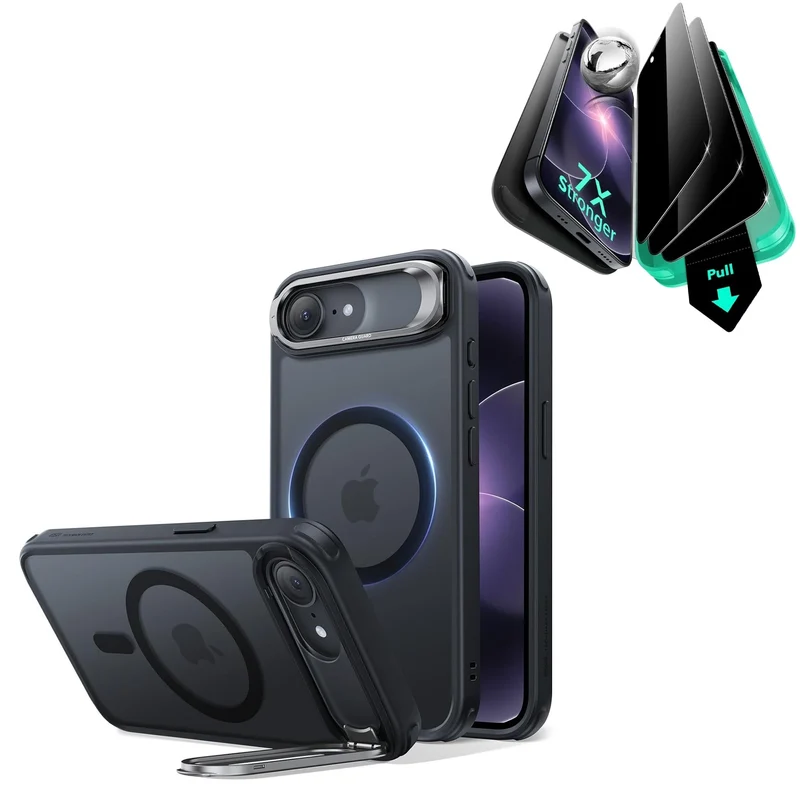 iPhone 17e Bundle Classic Hybrid Magnetic Case (Stash Stand) & Armorite® Privacy Screen Protector - Frosted Black
