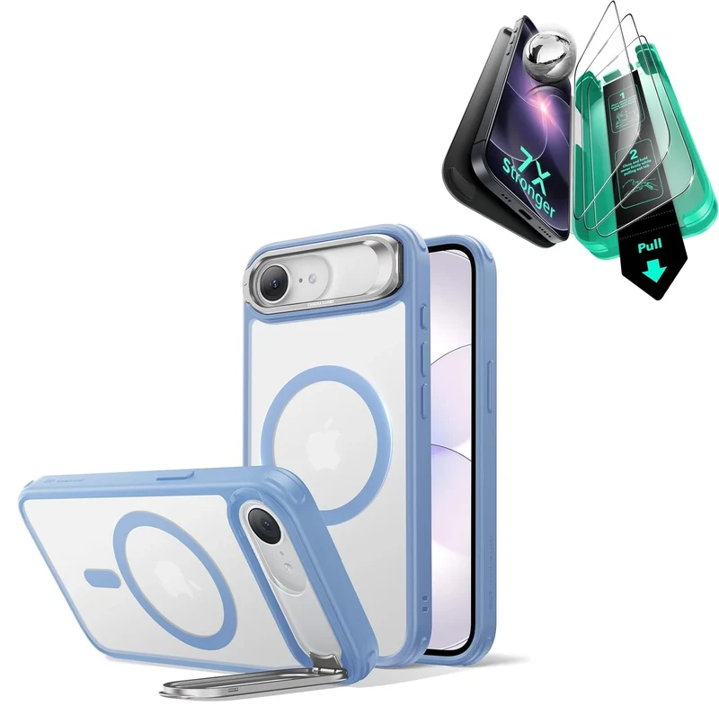 iPhone 17e Bundle Classic Hybrid Magnetic Case (Stash Stand) and Armorite® Screen Protector - Frosted Light Blue