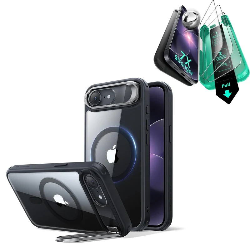 iPhone 17e Bundle Classic Hybrid Magnetic Case (Stash Stand) and Armorite® Screen Protector - Clear Black