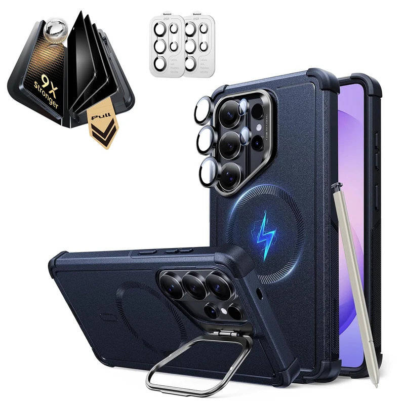 Galaxy S26 Ultra Bundle Cyber Tough Magnetic Case (Stash Stand) and Armorite® Pro Privacy Screen Protector - Navy Blue