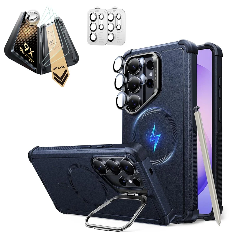 Galaxy S26 Ultra Bundle Cyber Tough Magnetic Case (Stash Stand) and Armorite® Pro Screen Protector - Navy Blue