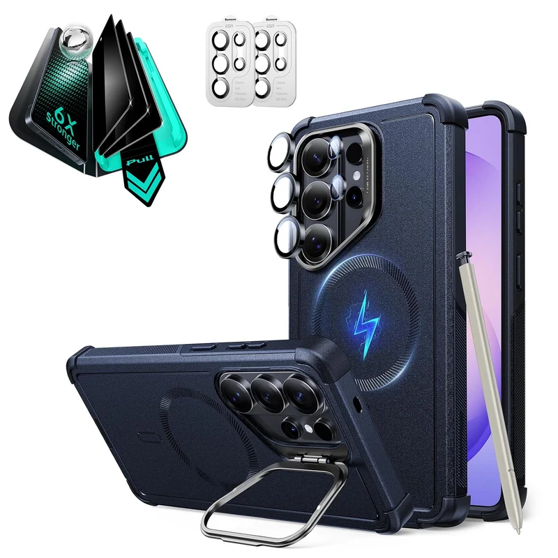 Galaxy S26 Ultra Bundle Cyber Tough Magnetic Case (Stash Stand) and Armorite® Privacy Screen Protector - Navy Blue