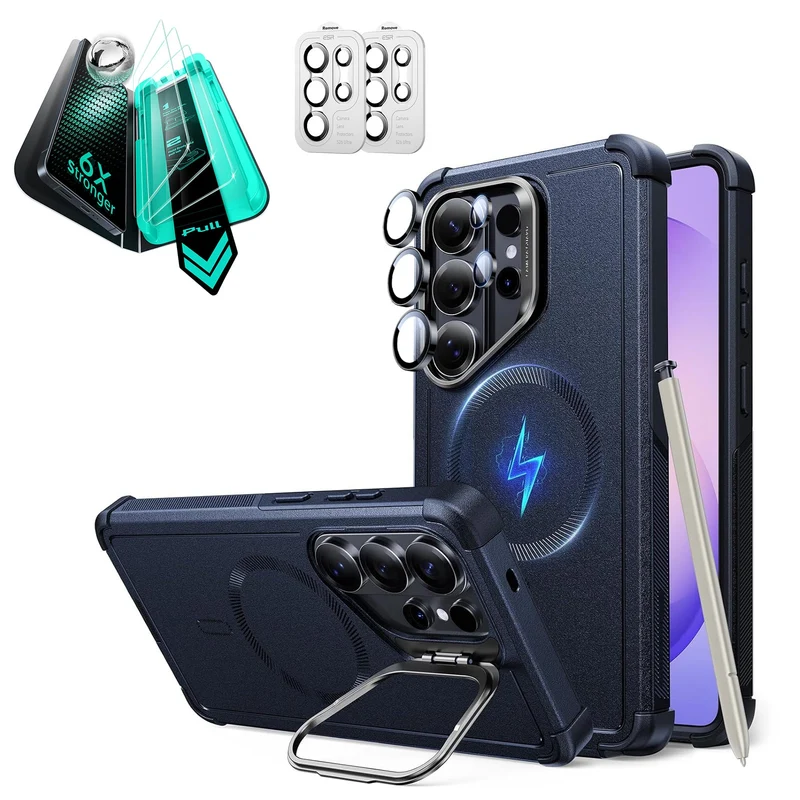 Galaxy S26 Ultra Bundle Cyber Tough Magnetic Case (Stash Stand) and Armorite® Screen Protector - Navy Blue