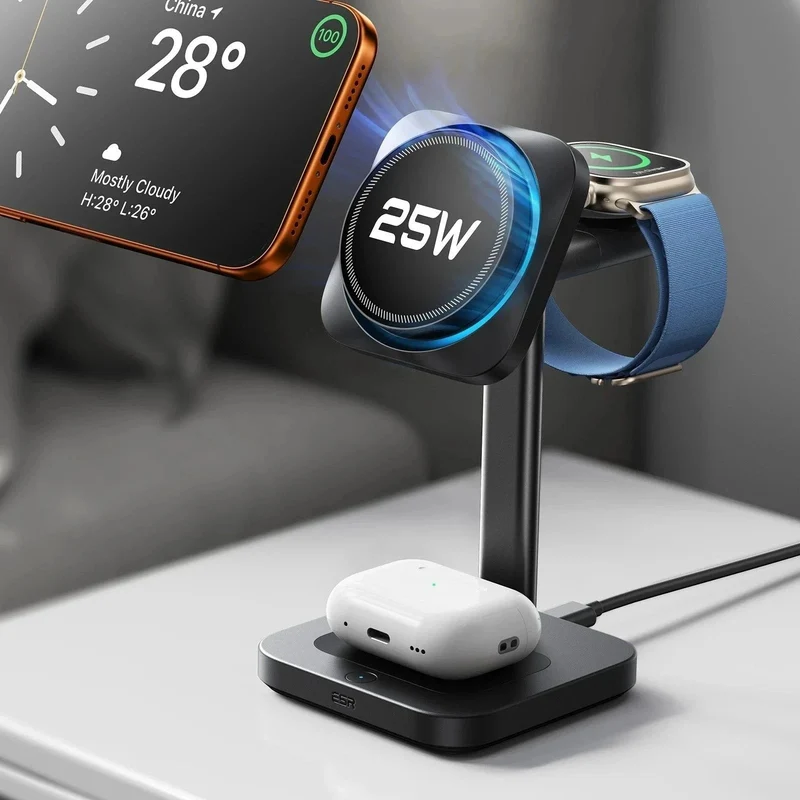 CryoBoost 3-in-1 Magnetic Charging Station (25W, Qi2.2) - US Plug–Black