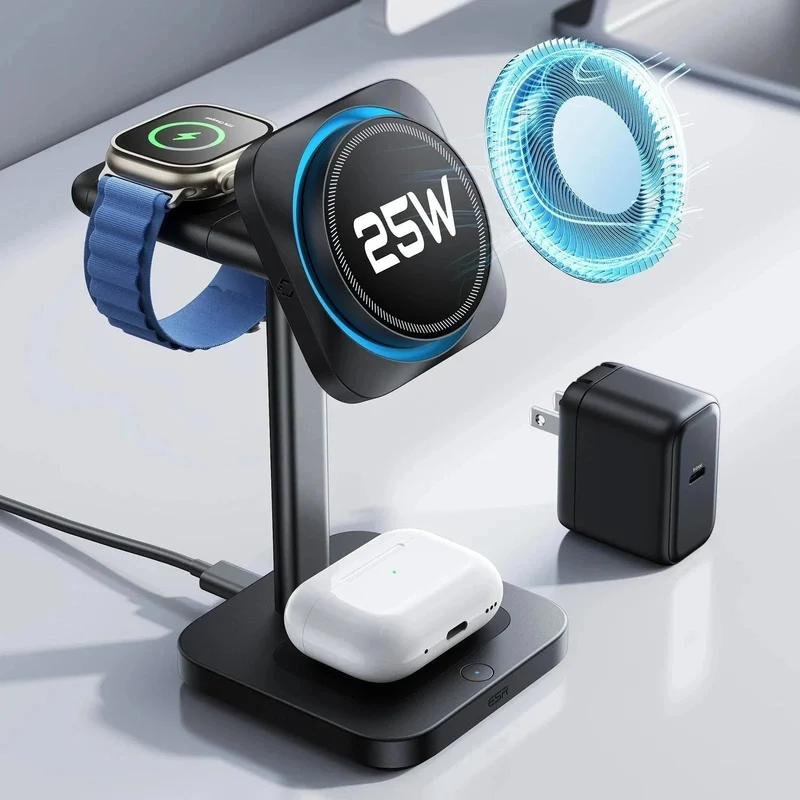 CryoBoost 3-in-1 Magnetic Charging Station (25W, Qi2.2) - US Plug–Black