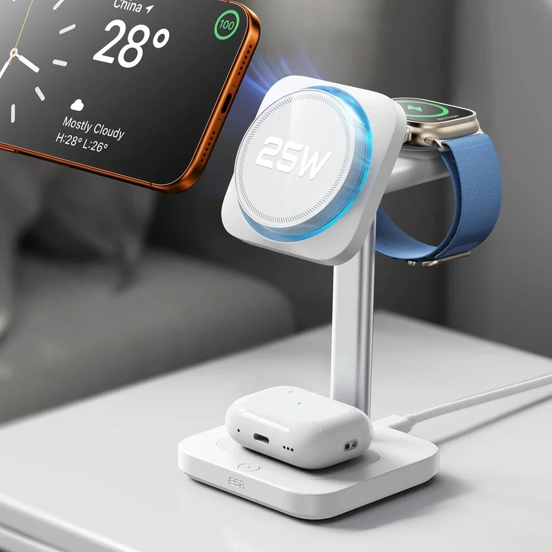CryoBoost 3-in-1 Magnetic Charging Station (25W, Qi2.2) - US Plug–White
