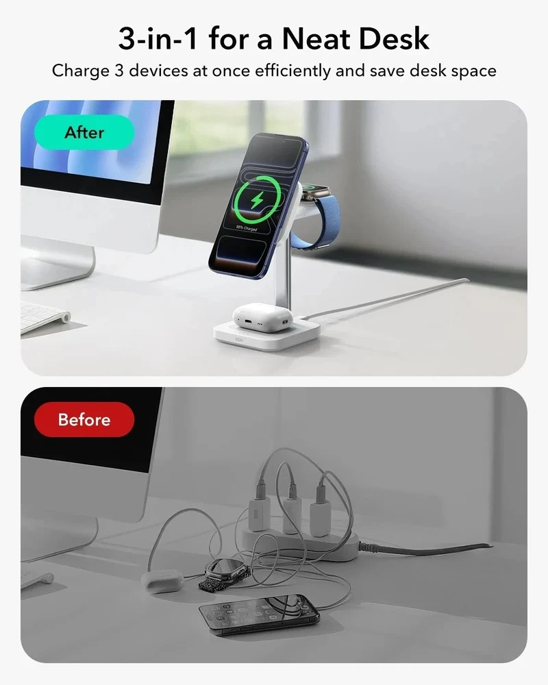 CryoBoost 3-in-1 Magnetic Charging Station (25W, Qi2.2) - US Plug–White