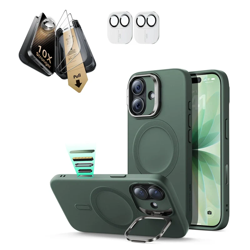 iPhone 17 Bundle Cloud Soft Magnetic Case (Camera Control, Stash Stand) and Armorite Pro Screen Protector - Olive Green