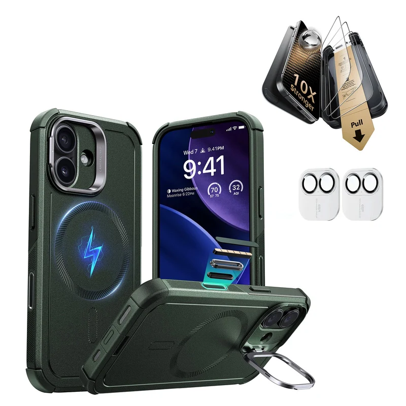 iPhone 17 Bundle Cyber Tough Magnetic Case (Camera Control, Stash Stand) and Armorite Pro Screen Protector - Olive Green