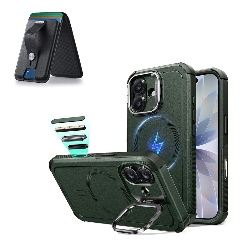 iPhone 17 Cyber Tough Magnetic Case (Camera Control, Stash Stand) with Wallet Stand Bundle - Olive Green