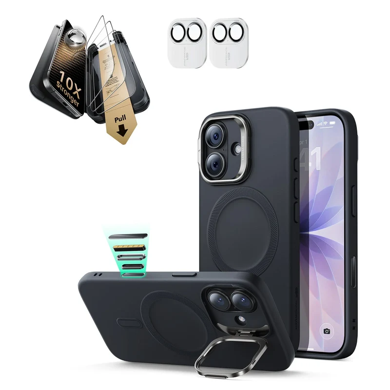 iPhone 17 Bundle Cloud Soft Magnetic Case (Camera Control, Stash Stand) and Armorite Pro Screen Protector - Black