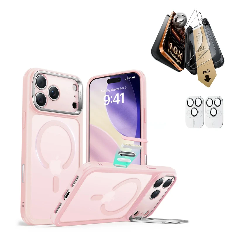 iPhone 17 Pro Max Bundle Classic Hybrid Magnetic Case (Camera Control, Stash Stand) and Armorite Pro Screen Protector - Frosted Bubblegum Pink