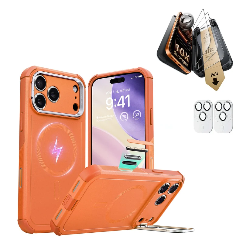 iPhone 17 Pro Bundle Cyber Tough Magnetic Case (Camera Control, Stash Stand) and Armorite Pro Screen Protector - Orange