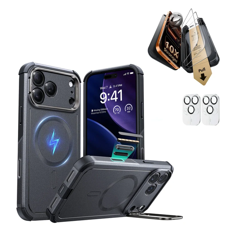 iPhone 17 Pro Bundle Cyber Tough Magnetic Case (Camera Control, Stash Stand) and Armorite Pro Screen Protector - Space Gray