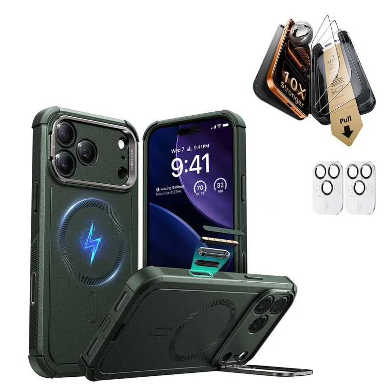 iPhone 17 Pro Bundle Cyber Tough Magnetic Case (Camera Control, Stash Stand) and Armorite Pro Screen Protector - Olive Green