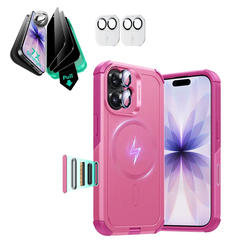 iPhone 17 Bundle Cyber Tough Magnetic Case (Camera Control) and Armorite Privacy Screen Protector - Rosy Pink