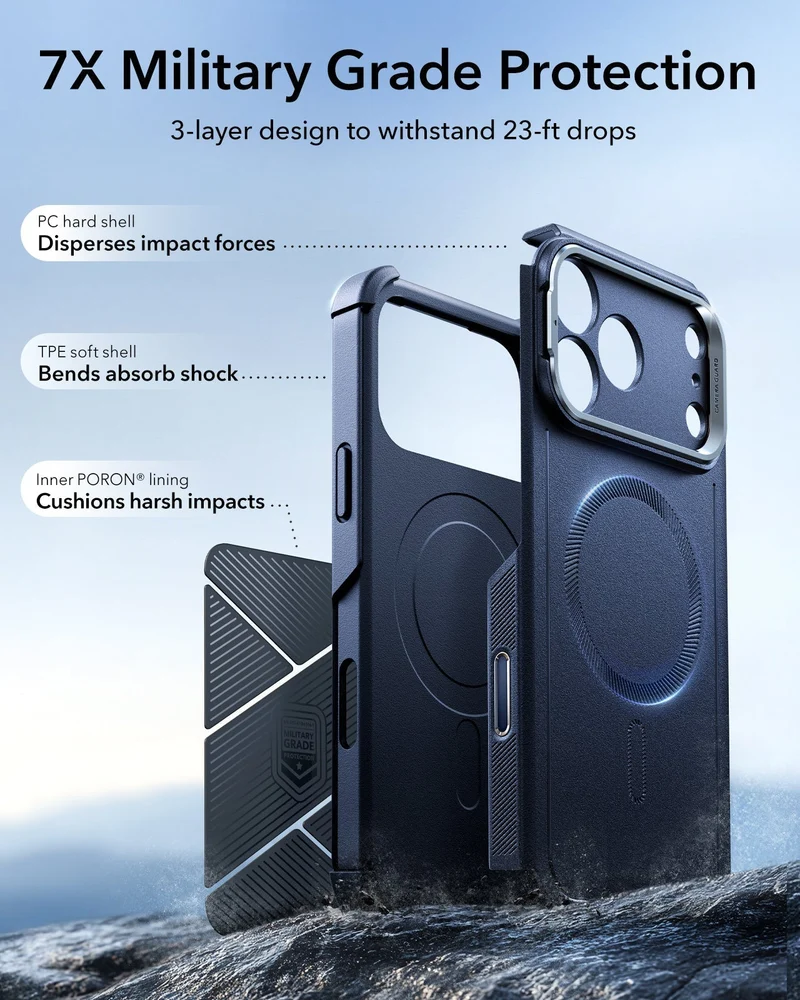 iPhone 17 Pro Bundle Cyber Tough Magnetic Case (Camera Control, Stash Stand) and Armorite Screen Protector - Navy Blue