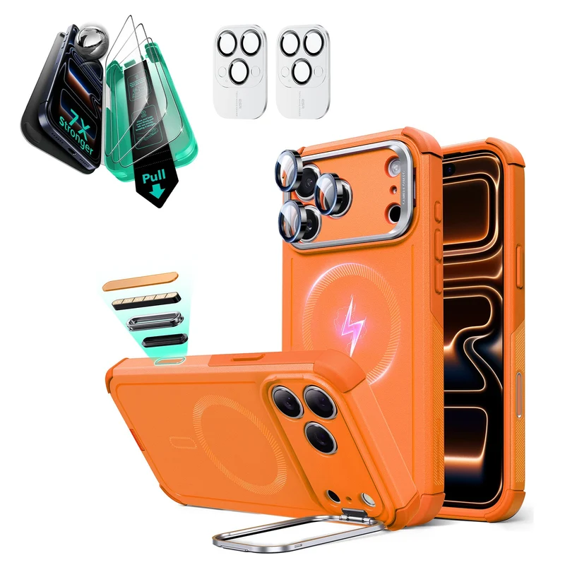 iPhone 17 Pro Bundle Cyber Tough Magnetic Case (Camera Control, Stash Stand) and Armorite Screen Protector - Orange