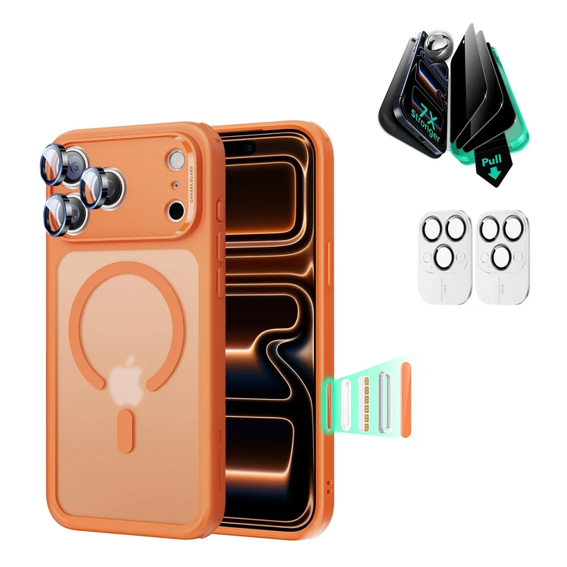 iPhone 17 Pro Max Bundle Classic Hybrid Magnetic Case (Camera Control) and Armorite Privacy Screen Protector - Frosted Orange