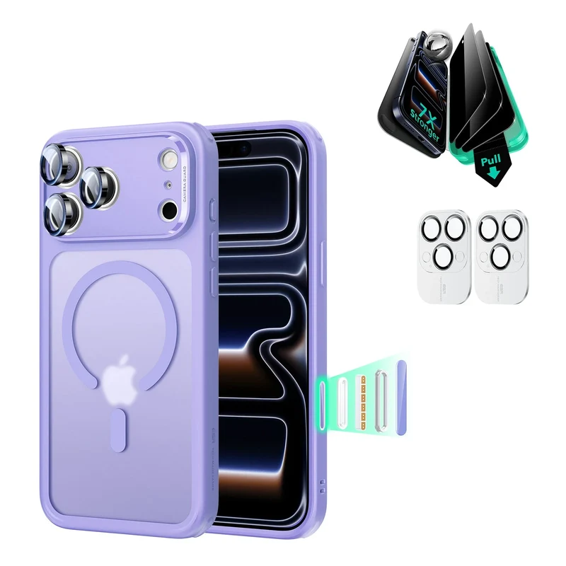 iPhone 17 Pro Max Bundle Classic Hybrid Magnetic Case (Camera Control) and Armorite Privacy Screen Protector - Frosted Purple