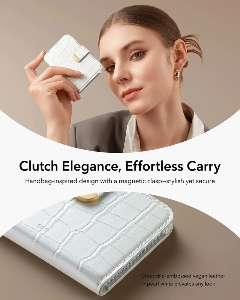 Aura Clutch Magnetic Wallet - Pearl White Croc