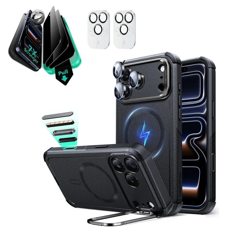 iPhone 17 Pro Max Bundle Cyber Tough Magnetic Case (Camera Control, Stash Stand) and Armorite Privacy Screen Protector - Black