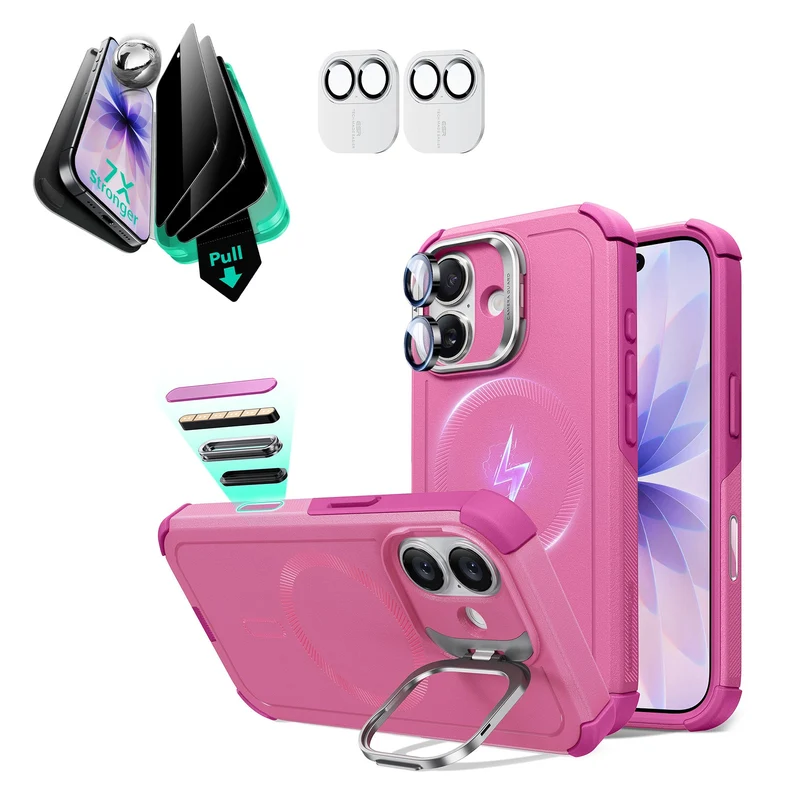 iPhone 17 Bundle Cyber Tough Magnetic Case (Camera Control, Stash Stand) and Armorite Privacy Screen Protector - Rosy Pink