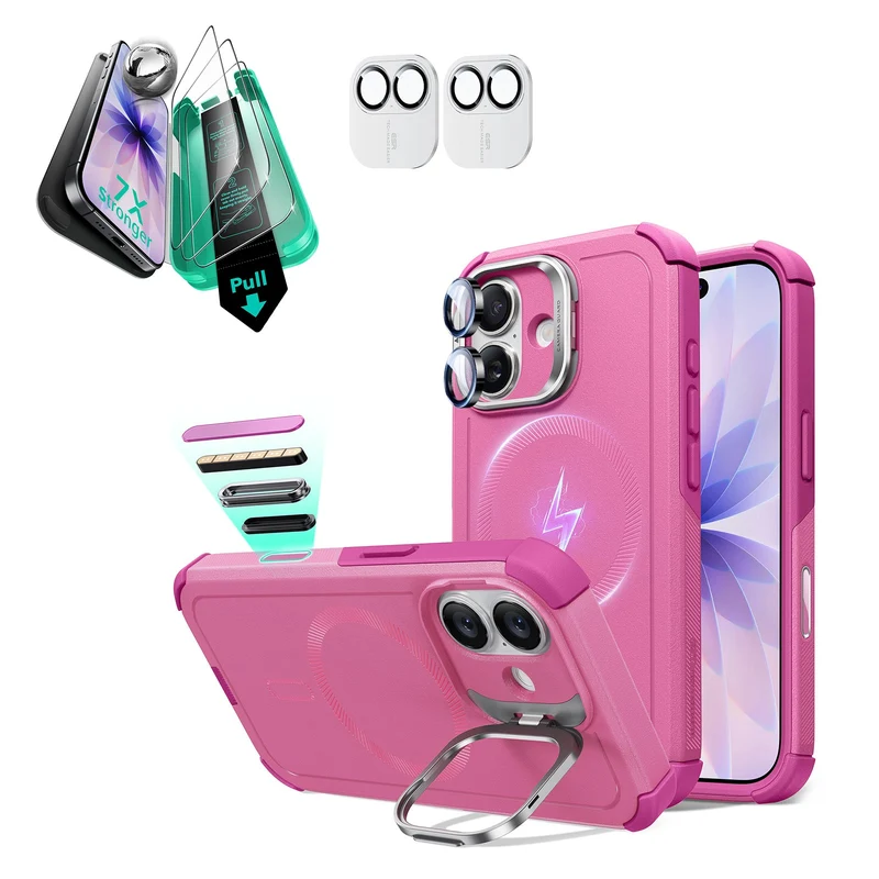 iPhone 17 Bundle Cyber Tough Magnetic Case (Camera Control, Stash Stand) and Armorite Screen Protector - Rosy Pink