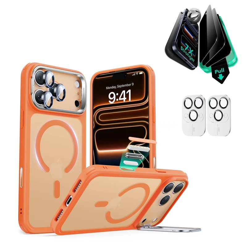 iPhone 17 Pro Bundle Classic Hybrid Magnetic Case (Camera Control, Stash Stand) and Armorite Privacy Screen Protector - Frosted Orange