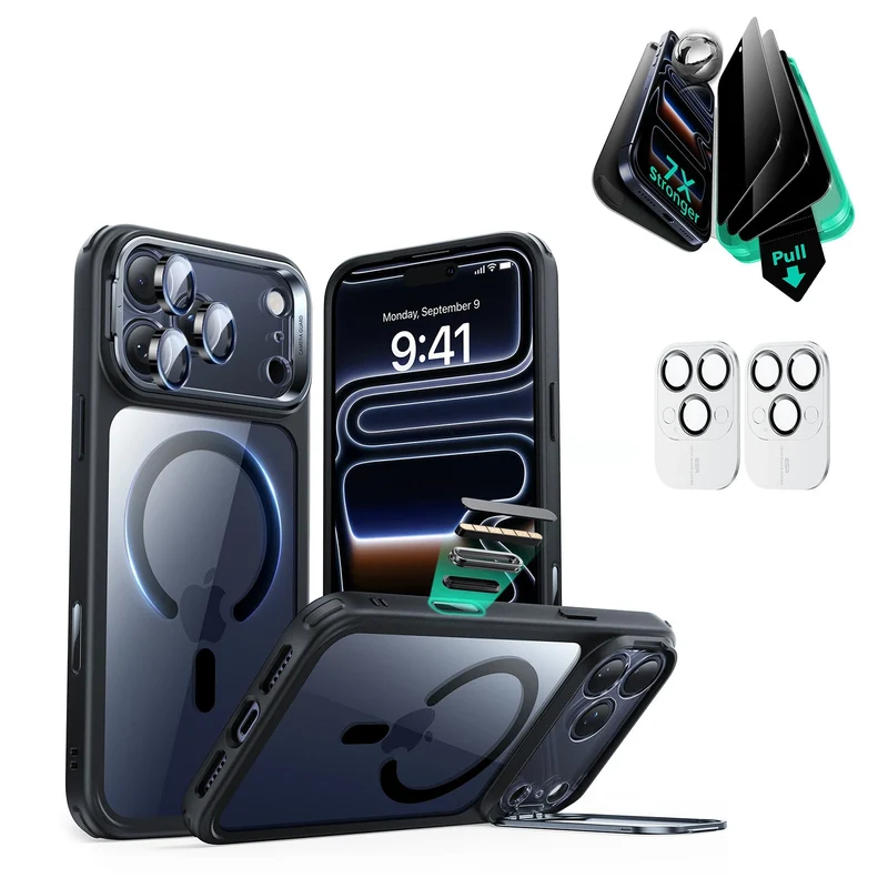 iPhone 17 Pro Bundle Classic Hybrid Magnetic Case (Camera Control, Stash Stand) and Armorite Privacy Screen Protector - Clear Black