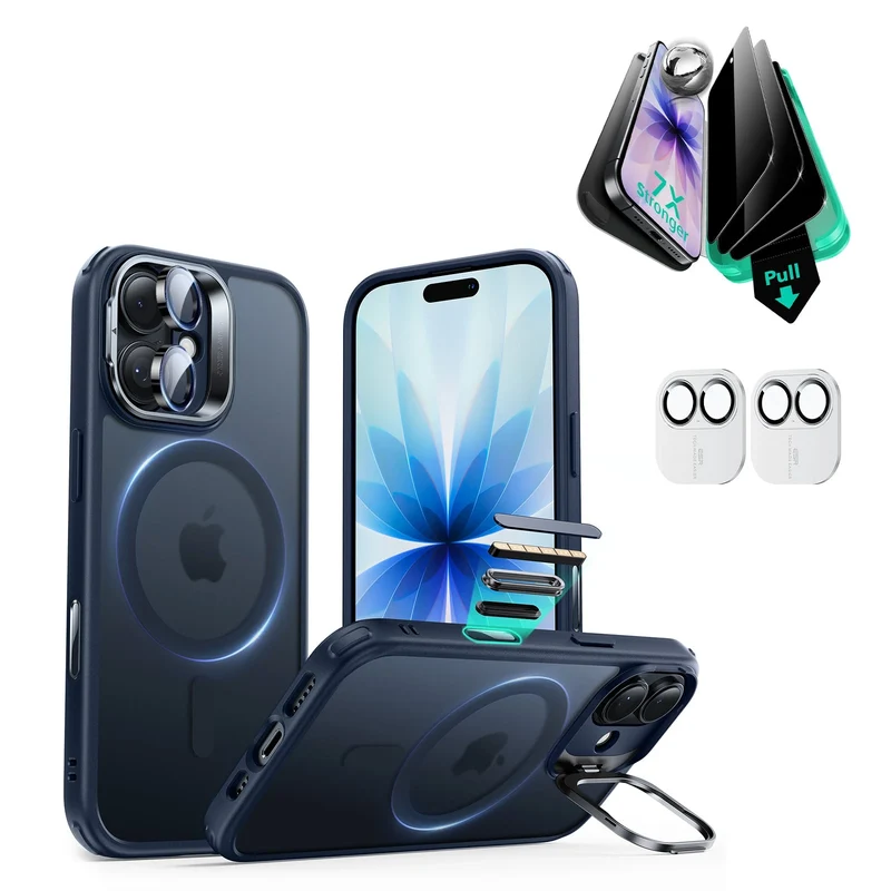 iPhone 17 Bundle Classic Hybrid Magnetic Case (Camera Control, Stash Stand) and Armorite Privacy Screen Protector - Frosted Blue
