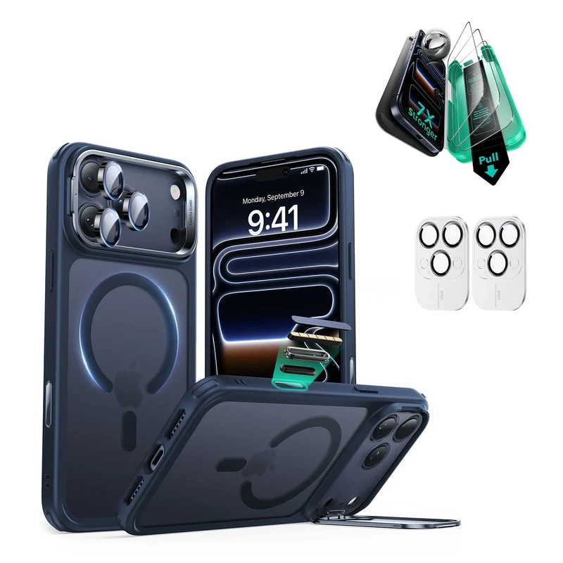 iPhone 17 Pro Max Bundle Classic Hybrid Magnetic Case (Camera Control, Stash Stand) and Armorite Screen Protector - Frosted Blue